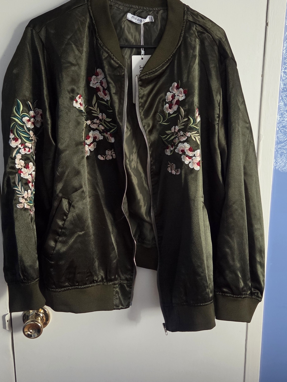 Floral Embroidered Satin Bomber Jacket - Olive Green